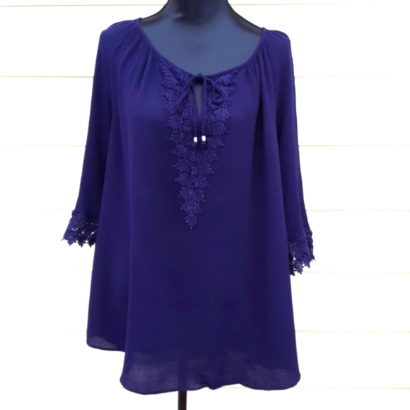 DANIEL RAINN Navy Boho Tunic Top with Lace (1X) - Picture 2 of 10